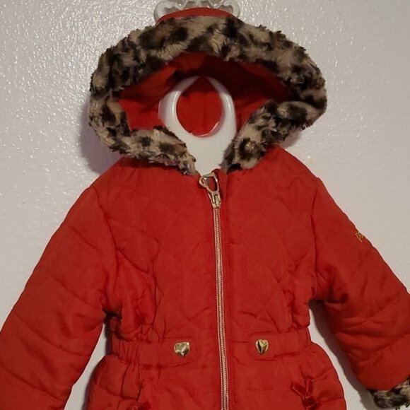 18 MONTHS Red CHEETAH TRIM PUFFER Jacket Coat Parka Winter Snow Pistachio Girls - Picture 3 of 14